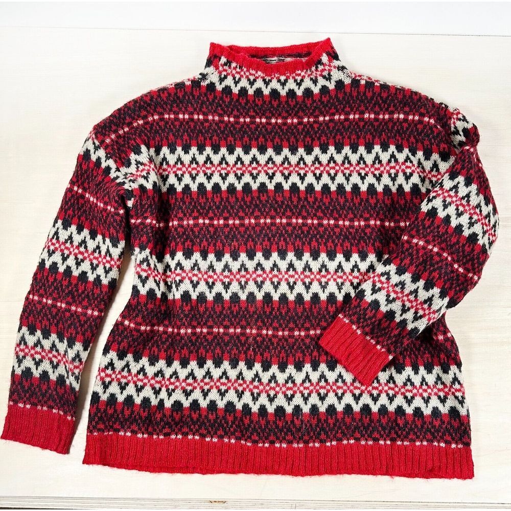 Chaps Sweater Women's L Fair Isle‎ Red Black Wool Pullover  Lightweight